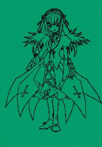 Rating: Safe Score: 0 Tags: 1girl aqua_background bare_shoulders blue_theme breasts dress full_body green_theme hairband halftone image long_hair looking_at_viewer monochrome simple_background solo standing suigintou User: admin