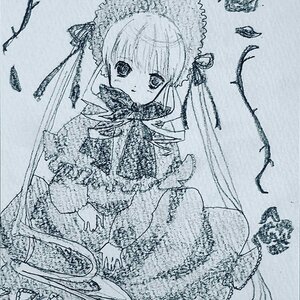 Rating: Safe Score: 0 Tags: 1girl dress image long_hair monochrome ribbon shinku solo twintails User: admin