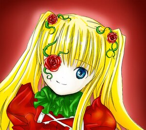 Rating: Safe Score: 0 Tags: 1girl blonde_hair blue_eyes costume_switch dress flower image long_hair looking_at_viewer red_background red_flower red_rose red_theme rose shinku smile solo User: admin