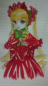 Rating: Safe Score: 0 Tags: 1girl blonde_hair blue_eyes bonnet bow bowtie capelet cowboy_shot dress green_bow green_neckwear image long_hair long_sleeves looking_at_viewer marker_(medium) open_mouth photo red_capelet red_dress shinku sidelocks simple_background solo traditional_media twintails User: admin