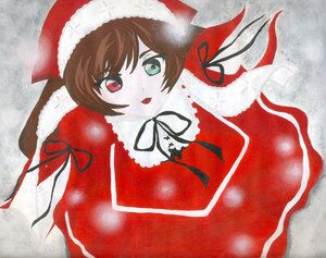 Rating: Safe Score: 0 Tags: 1girl black_ribbon blush brown_hair christmas green_eyes hat heterochromia image looking_at_viewer neck_ribbon open_mouth red_capelet red_eyes red_headwear red_ribbon ribbon santa_costume santa_hat short_hair solo suiseiseki traditional_media User: admin