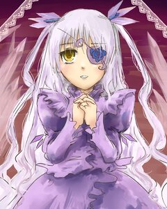 Rating: Safe Score: 0 Tags: 1girl barasuishou dress eyepatch hands_clasped hands_together image interlocked_fingers juliet_sleeves long_hair long_sleeves looking_at_viewer own_hands_together purple_dress silver_hair solo very_long_hair wings yellow_eyes User: admin