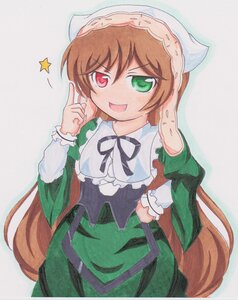 Rating: Safe Score: 0 Tags: 1girl :d black_ribbon brown_hair dress frills green_dress green_eyes head_scarf heterochromia image long_hair long_sleeves looking_at_viewer open_mouth red_eyes ribbon simple_background smile solo star_(symbol) suiseiseki very_long_hair User: admin