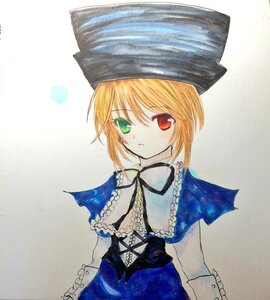 Rating: Safe Score: 0 Tags: 1girl blonde_hair blue_dress capelet dress frills green_eyes hat heterochromia image long_sleeves looking_at_viewer red_eyes ribbon short_hair solo souseiseki traditional_media upper_body User: admin