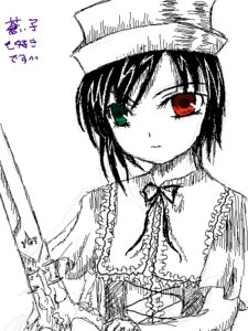 Rating: Safe Score: 0 Tags: 1girl breasts cleavage green_eyes hat heterochromia image looking_at_viewer monochrome oekaki red_eyes short_hair solo souseiseki upper_body User: admin