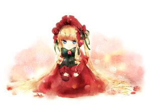 Rating: Safe Score: 0 Tags: 1girl blonde_hair blue_eyes bonnet bow dress flower image long_hair long_sleeves red_dress red_flower red_rose rose shinku sitting solo User: admin