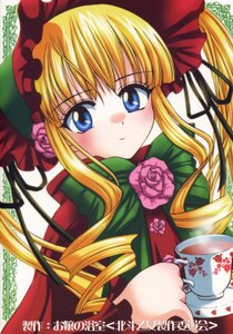 Rating: Safe Score: 0 Tags: 1girl blonde_hair blue_eyes blush bonnet bow bowtie cup dress drill_hair flower green_bow holding_cup image long_hair long_sleeves looking_at_viewer pink_flower pink_rose rose saucer shinku sidelocks solo tea teacup twintails User: admin