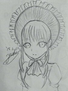 Rating: Safe Score: 0 Tags: 1girl bangs bonnet bow bowtie closed_mouth dress eyebrows_visible_through_hair frills image long_sleeves looking_at_viewer monochrome parasol photo shinku signature simple_background sketch solo traditional_media umbrella upper_body User: admin