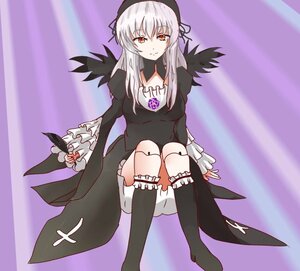 Rating: Safe Score: 0 Tags: 1girl black_dress boots dress frills image long_hair long_sleeves looking_at_viewer purple_background silver_hair sitting solo suigintou wings User: admin