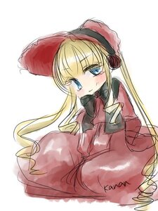 Rating: Safe Score: 0 Tags: 1girl bangs blonde_hair blue_eyes blush bonnet bow bowtie dress image long_hair long_sleeves looking_at_viewer red_dress rose shinku sidelocks simple_background smile solo very_long_hair white_background User: admin