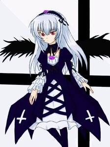 Rating: Safe Score: 0 Tags: 1girl black_wings cross-laced_clothes detached_collar dress expressionless frills hairband image long_hair long_sleeves looking_at_viewer puffy_sleeves ribbon silver_hair simple_background solo standing suigintou white_background wings User: admin