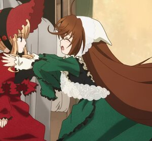 Rating: Safe Score: 0 Tags: 2girls blonde_hair bonnet brown_hair closed_eyes dress green_dress hat head_scarf image long_hair long_sleeves multiple_girls pair shinku suiseiseki very_long_hair User: admin