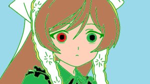 Rating: Safe Score: 0 Tags: 1girl bangs blue_background brown_hair closed_mouth dress eyebrows_visible_through_hair frills green_dress green_eyes head_scarf image long_hair looking_at_viewer red_eyes simple_background solo suiseiseki User: admin