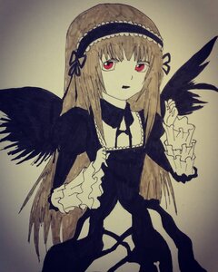 Rating: Safe Score: 0 Tags: 1girl bangs black_dress black_wings dress feathered_wings frilled_sleeves frills hairband image long_hair long_sleeves looking_at_viewer open_mouth photo red_eyes ribbon simple_background solo suigintou traditional_media wings User: admin