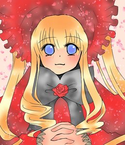 Rating: Safe Score: 0 Tags: 1girl blonde_hair blue_eyes blush capelet dress flower image long_hair long_sleeves looking_at_viewer petals red_flower rose rose_petals shinku smile solo twintails upper_body User: admin