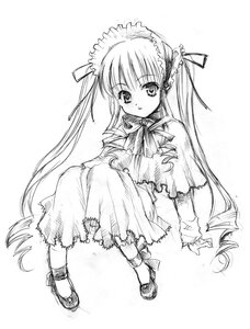 Rating: Safe Score: 0 Tags: 1girl bowtie dress full_body greyscale image long_hair long_sleeves looking_at_viewer monochrome shinku shoes simple_background sitting solo twintails very_long_hair white_background User: admin