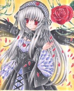 Rating: Safe Score: 0 Tags: 1girl black_dress black_wings dress flower frills gothic_lolita hairband image lolita_fashion lolita_hairband long_hair long_sleeves looking_at_viewer marker_(medium) petals red_eyes red_flower red_rose ribbon rose rose_petals silver_hair solo suigintou traditional_media very_long_hair wings User: admin