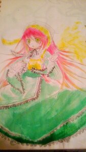 Rating: Safe Score: 0 Tags: 1girl dress frills green_eyes image long_hair long_sleeves looking_at_viewer pink_hair ribbon simple_background solo suiseiseki traditional_media very_long_hair wide_sleeves User: admin