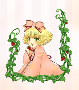 Rating: Safe Score: 0 Tags: 1girl :o bamboo blonde_hair blush bow branch drill_hair flower fruit green_eyes hina_ichigo hinaichigo image leaf long_sleeves object_namesake open_mouth pink_bow plant potted_plant solo striped striped_background tanabata tanzaku vines User: admin