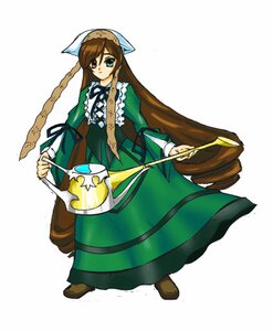 Rating: Safe Score: 0 Tags: 1girl brown_hair dress frills full_body green_dress green_eyes head_scarf heterochromia holding image long_hair long_sleeves simple_background solo standing suiseiseki very_long_hair watering_can User: admin