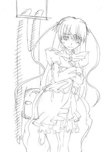 Rating: Safe Score: 0 Tags: 1girl barasuishou crossed_arms dress frills greyscale image long_hair long_sleeves looking_at_viewer monochrome skirt solo standing torn_clothes two_side_up very_long_hair User: admin