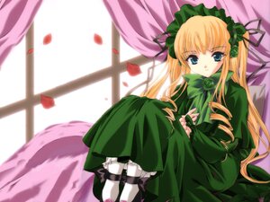 Rating: Safe Score: 0 Tags: 1girl blonde_hair blue_eyes bow curtains dress green_bow green_dress image long_hair long_sleeves looking_at_viewer petals shinku sitting solo twintails very_long_hair white_legwear window User: admin