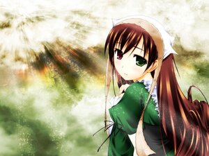 Rating: Safe Score: 0 Tags: 1girl brown_hair dress green_dress green_eyes head_scarf heterochromia image long_hair long_sleeves looking_at_viewer looking_back nature outdoors red_eyes solo suiseiseki very_long_hair User: admin