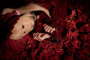Rating: Safe Score: 0 Tags: 1girl blonde_hair dress expressionless flower gothic_lolita hairband jewelry lolita_fashion long_hair long_sleeves red_flower red_rose red_theme ring rose shinku solo User: admin