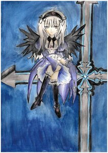 Rating: Safe Score: 0 Tags: 1girl black_wings boots detached_collar dress frills full_body hairband image knee_boots long_hair long_sleeves looking_at_viewer ribbon sitting solo suigintou traditional_media wings User: admin