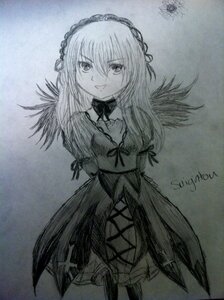 Rating: Safe Score: 0 Tags: 1girl dress flower greyscale image long_hair long_sleeves looking_at_viewer monochrome smile solo standing suigintou traditional_media wings User: admin