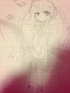 Rating: Safe Score: 0 Tags: 1girl dress frills image long_hair long_sleeves looking_at_viewer monochrome shinku sketch smile solo standing twintails very_long_hair User: admin