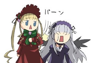 Rating: Safe Score: 0 Tags: 2girls :d black_wings blonde_hair blush_stickers bonnet dress flower hairband image long_hair long_sleeves multiple_girls open_mouth pair red_dress rose shinku silver_hair simple_background suigintou twintails very_long_hair white_background wings User: admin