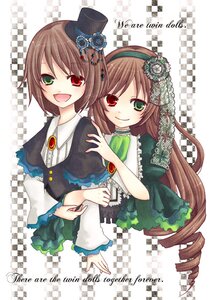 Rating: Safe Score: 0 Tags: 2girls :d argyle argyle_background brown_hair checkered checkered_background copyright_name dress frills green_dress green_eyes hat heterochromia image long_hair long_sleeves looking_at_viewer multiple_girls open_mouth pair red_eyes short_hair siblings sisters smile souseiseki suiseiseki top_hat twins User: admin