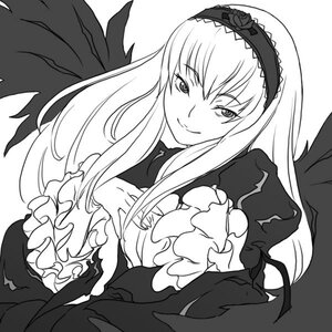 Rating: Safe Score: 0 Tags: 1girl black_wings blush closed_mouth dress feathered_wings frilled_sleeves frills greyscale hairband image long_hair long_sleeves looking_at_viewer monochrome simple_background smile solo suigintou upper_body wings User: admin