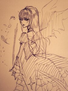 Rating: Safe Score: 0 Tags: 1girl dress elbow_gloves frills hairband image long_hair looking_at_viewer monochrome sketch solo suigintou traditional_media weapon User: admin