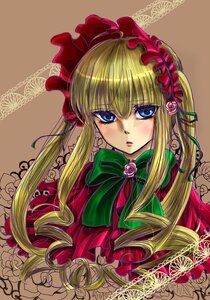 Rating: Safe Score: 0 Tags: 1girl blonde_hair blue_eyes blush bonnet bow bowtie brown_background dress drill_hair flower green_bow image long_hair looking_at_viewer pink_flower pink_rose rose shinku simple_background solo User: admin