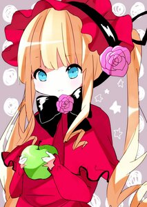 Rating: Safe Score: 0 Tags: 1girl bangs blonde_hair blue_eyes blush bonnet bow capelet dress flower hat holding image long_hair long_sleeves looking_at_viewer pink_flower pink_rose red_capelet red_dress rose shinku sidelocks solo twintails upper_body User: admin