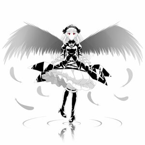 Rating: Safe Score: 0 Tags: 1girl bangs black_wings blush boots closed_mouth dress eyebrows_visible_through_hair feathered_wings feathers flower frills full_body greyscale hairband image long_hair long_sleeves looking_at_viewer monochrome red_eyes rose smile solo suigintou white_background wings User: admin