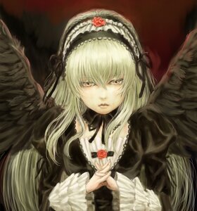 Rating: Safe Score: 0 Tags: 1girl angel_wings black_wings blonde_hair dress feathered_wings feathers flower frills hairband image long_hair long_sleeves looking_at_viewer ribbon rose solo suigintou upper_body white_wings wings User: admin