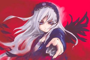 Rating: Safe Score: 0 Tags: 1girl black_wings detached_collar dress flower frills hairband image index_finger_raised long_hair long_sleeves looking_at_viewer outstretched_arm pointing pointing_at_viewer red_background rose silver_hair simple_background solo suigintou very_long_hair wings User: admin