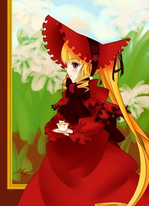 Rating: Safe Score: 0 Tags: 1girl blonde_hair blue_eyes blush bonnet bow capelet dress flower image long_hair long_sleeves red_dress shinku solo twintails very_long_hair User: admin