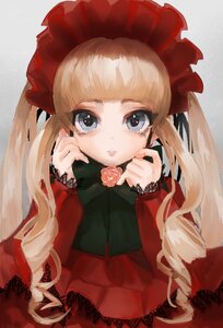 Rating: Safe Score: 0 Tags: 1girl bangs blonde_hair blue_eyes bonnet bow bowtie dress flower grey_background image long_hair long_sleeves looking_at_viewer rose shinku signature simple_background solo upper_body User: admin