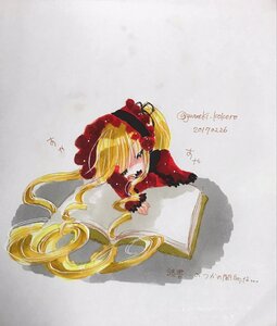 Rating: Safe Score: 0 Tags: 1girl blonde_hair blush bonnet bow dress image long_hair long_sleeves open_book shinku solo twintails User: admin