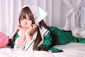 Rating: Safe Score: 0 Tags: 1girl blue_eyes blurry brown_hair chin_rest curtains depth_of_field dress green_dress heterochromia lips long_hair looking_at_viewer lying on_bed on_stomach solo suiseiseki the_pose window User: admin
