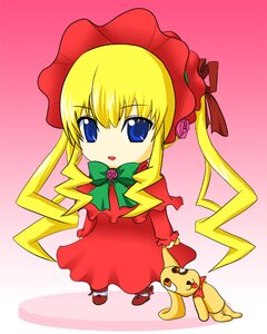 Rating: Safe Score: 0 Tags: 1girl blonde_hair blue_eyes bonnet bow bowtie dog dress flower full_body green_bow image long_hair long_sleeves looking_at_viewer pink_background red_dress shinku sidelocks simple_background solo standing stuffed_animal User: admin