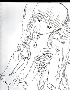 Rating: Safe Score: 0 Tags: 1girl bangs blush dress flower greyscale hair_ornament image monochrome rose shinku solo User: admin