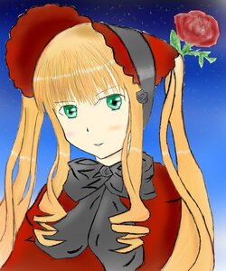 Rating: Safe Score: 0 Tags: 1girl blonde_hair blue_background blush bonnet drill_hair flower green_eyes image long_hair long_sleeves looking_at_viewer red_flower red_rose rose shinku sidelocks smile solo twintails upper_body User: admin