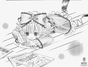 Rating: Safe Score: 0 Tags: 1girl artist_name blush bow dress drill_hair frills full_body greyscale hair_bow hina_ichigo hinaichigo image long_sleeves looking_at_viewer lying monochrome on_stomach smile solo traditional_media User: admin