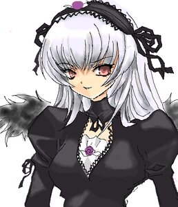 Rating: Safe Score: 0 Tags: 1girl black_wings detached_collar dress flower frills hairband image juliet_sleeves long_hair long_sleeves looking_at_viewer pink_eyes puffy_sleeves rose silver_hair simple_background solo suigintou upper_body white_background wings User: admin