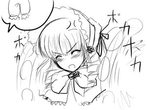 Rating: Safe Score: 0 Tags: 1girl bangs blush detached_collar eyebrows_visible_through_hair greyscale image long_hair long_sleeves monochrome open_mouth ribbon shinku sketch solo tears white_background User: admin